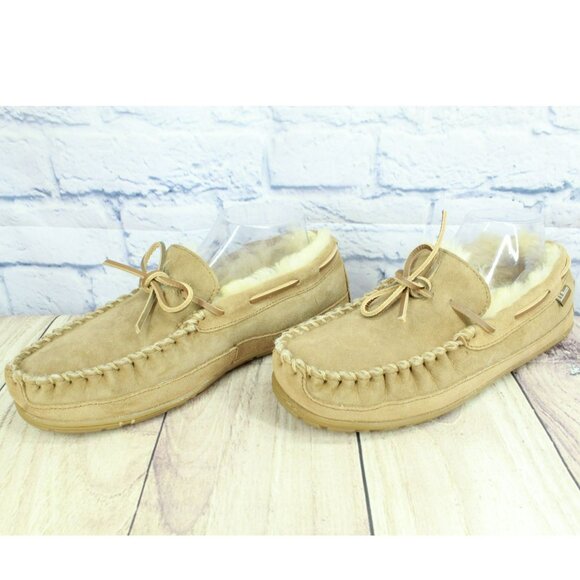 LL Bean Brown Suede Wicked Good Shearling Lined Moccasin Slippers Size 9 M - Picture 2 of 9